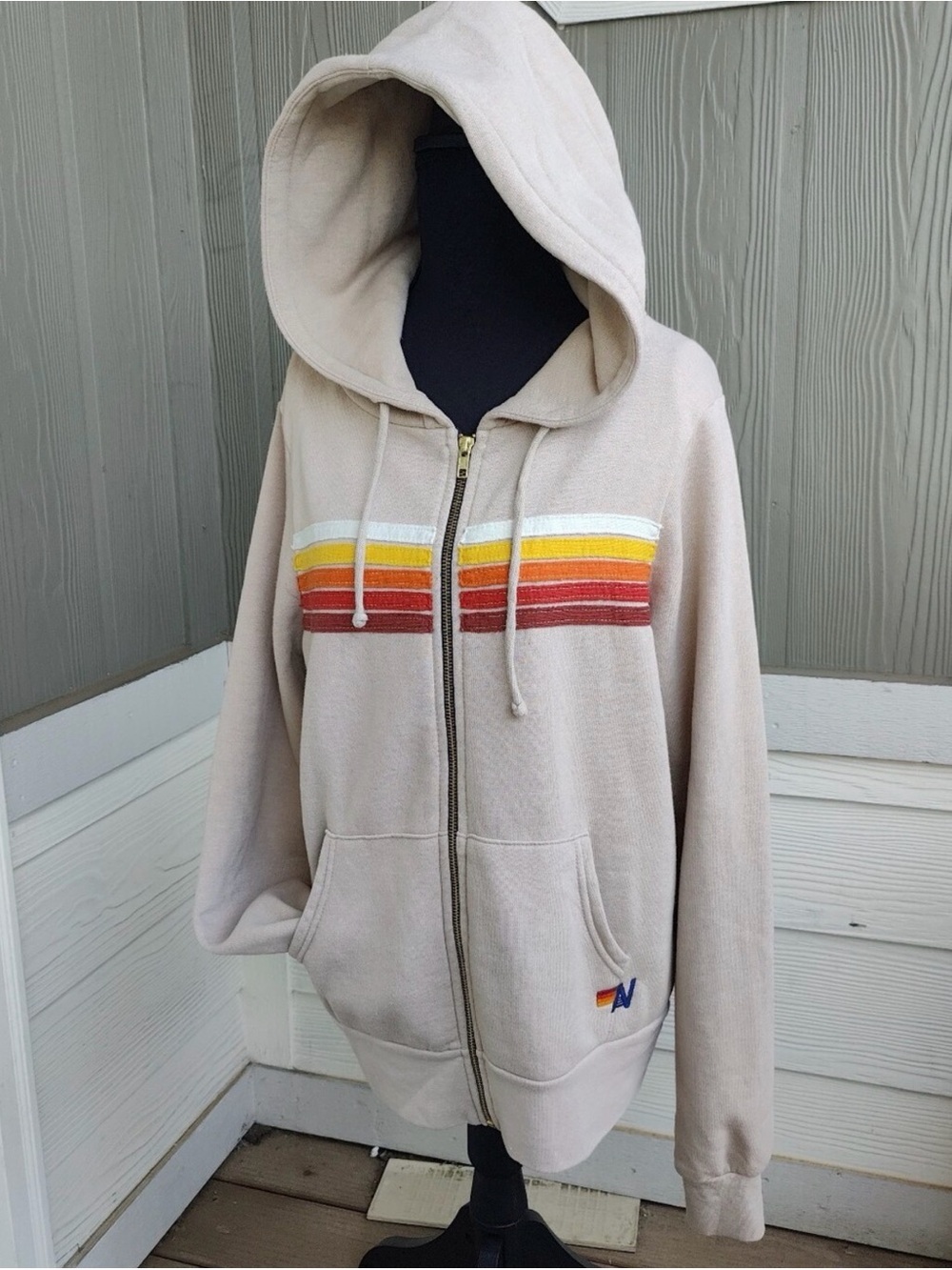 Beige Hooded Zip-Up Sweater with Sunset Stripe Detail